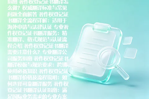 著作权登记证书翻译指南：专业翻译流程、注意事项与认证服务详解著作权登记证书翻译服务解析：办理流程、翻译要求及专业机构选择指南 著作权登记证书翻译怎么做？权威翻译标准与常见问题全面解答 著作权登记证书翻译全流程详解：适用于海外申请与法律认证 专业著作权登记证书翻译服务：精准翻译、格式规范与认证流程介绍 著作权登记证书翻译需要注意什么？专业翻译公司服务指南 著作权登记证书翻译模板与规范要求：跨境使用必备知识 著作权登记证书翻译价格及流程说明：如何选择可靠翻译服务 著作权登记证书翻译认证指南：满足国际业务需求的专业方案 著作权登记证书英文翻译服务：版权证明文件翻译要点解析 著作权登记证书翻译公司推荐标准：专业资质与服务流程详解